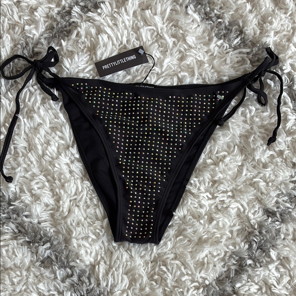 PrettyLittleThing Black Rhinestone Bikini Bottoms